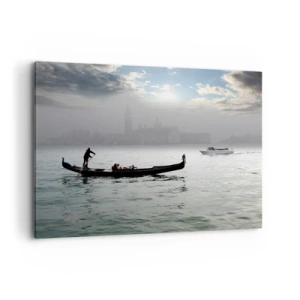 Cuadro sobre lienzo - Impresión de Imagen - Una góndola se desliza por las aguas de Venecia en una mañana brumosa, con vistas a la ciudad. - 100x70cm - Una fabulosa ciudad de agua y niebla - Decoración de pared moderna para salón y dormitorio ARTTOR