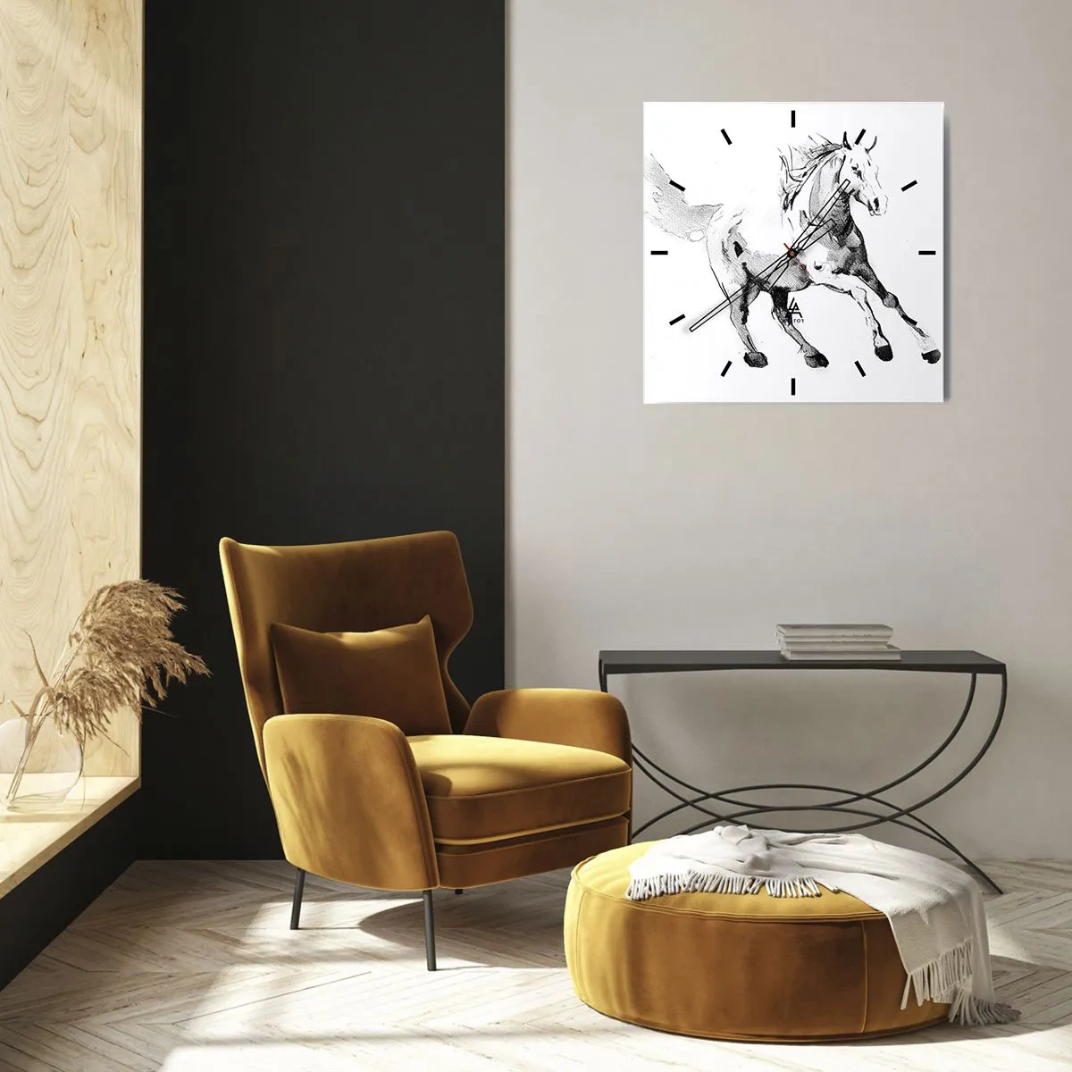 Reloj de pared - Reloj de vidrio - Boceto de un caballo al galope en tonos de blanco y negro. - 30x30cm - Alma indómita - Decoración de pared moderna para salón y dormitorio ARTTOR