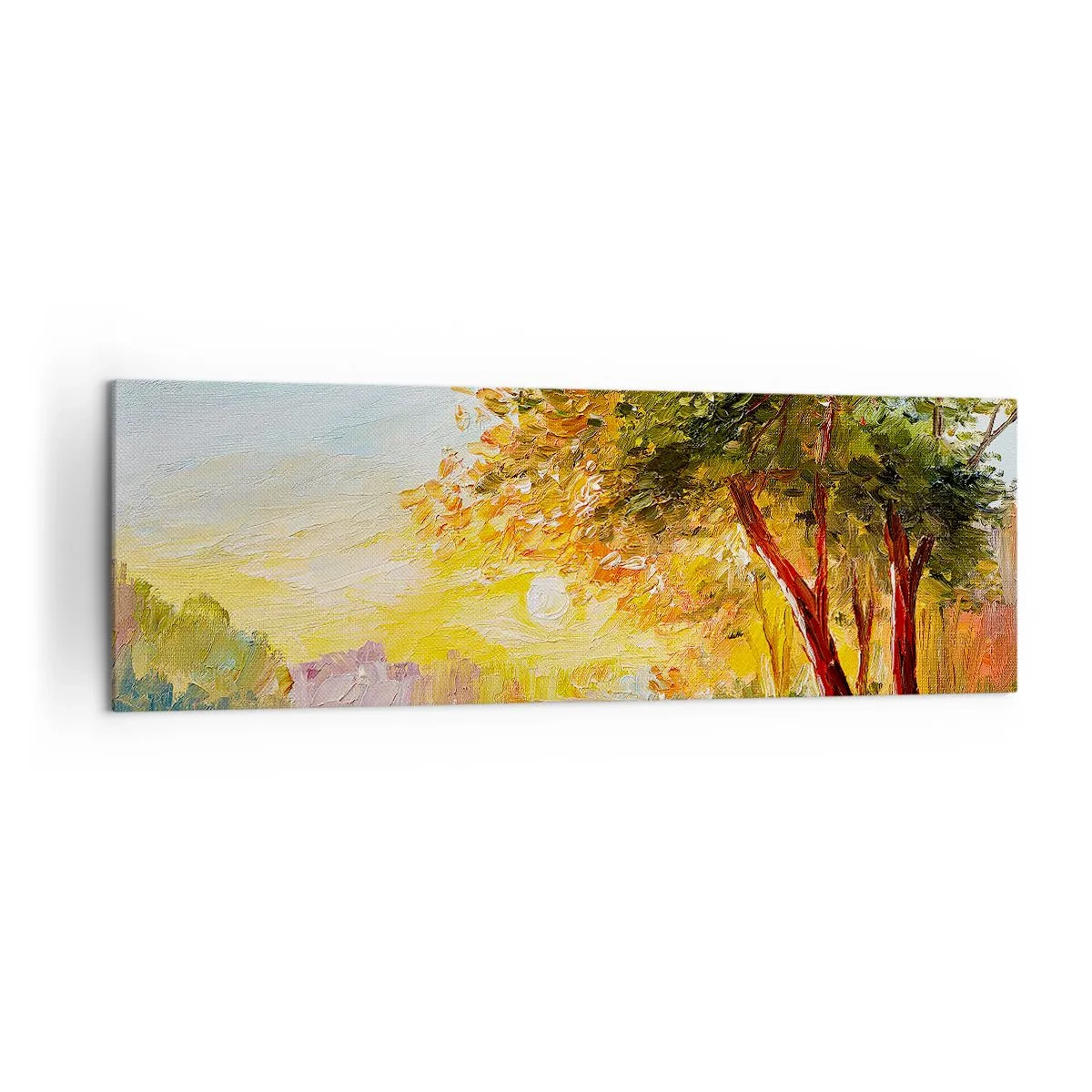 Cuadro sobre lienzo - Impresión de Imagen - Un paisaje pintoresco con un río y árboles al atardecer. - 160x50cm - Ensueño - Decoración de pared moderna para salón y dormitorio ARTTOR