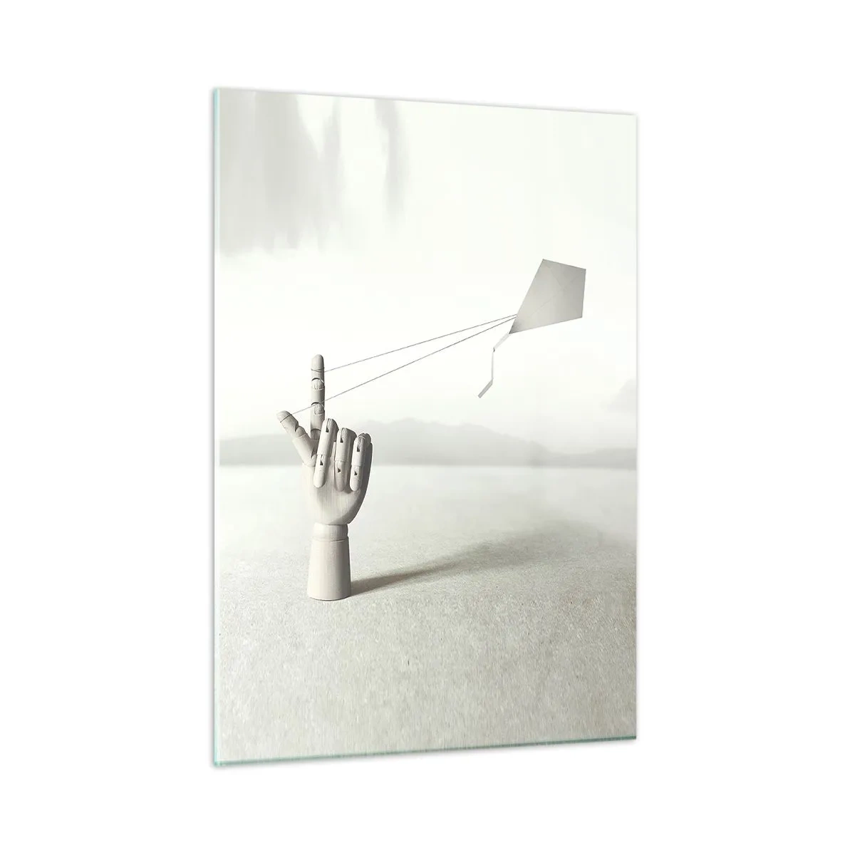 Cuadro sobre vidrio - Impresiones sobre Vidrio - Una mano de madera que sostiene una cometa flotante en su dedo. - 50x70cm - Una prueba de fuerza - Decoración de pared moderna para salón y dormitorio ARTTOR