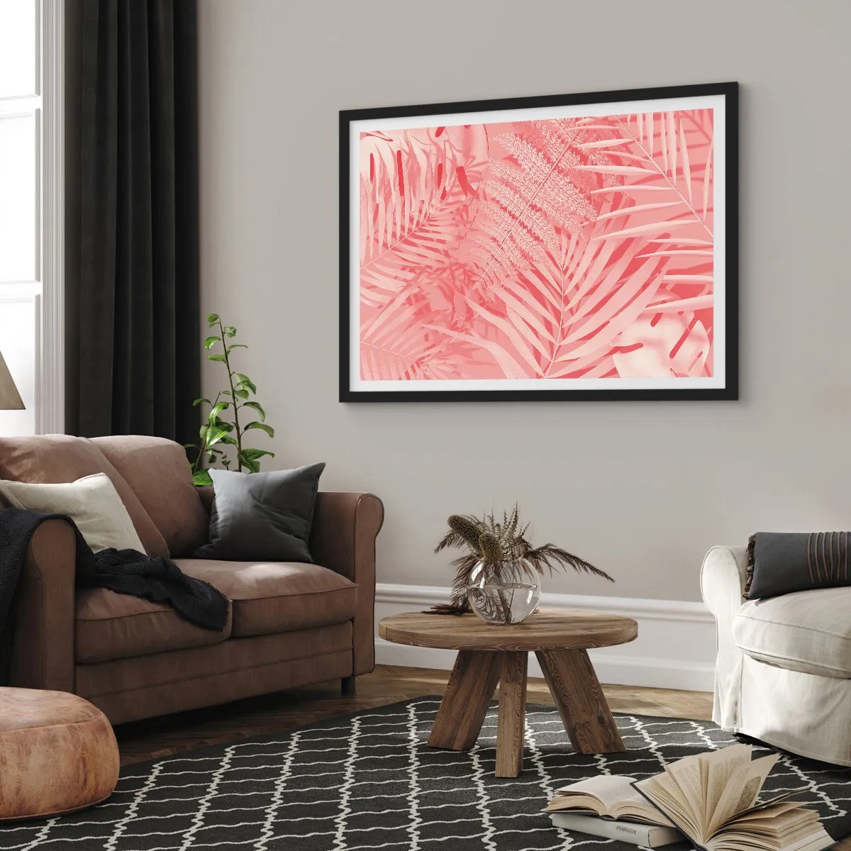 Póster en marco negro - Hojas tropicales rosas en un estilo delicado y minimalista. - 70x50cm - Concepto rosa - Decoración de pared moderna para salón y dormitorio ARTTOR