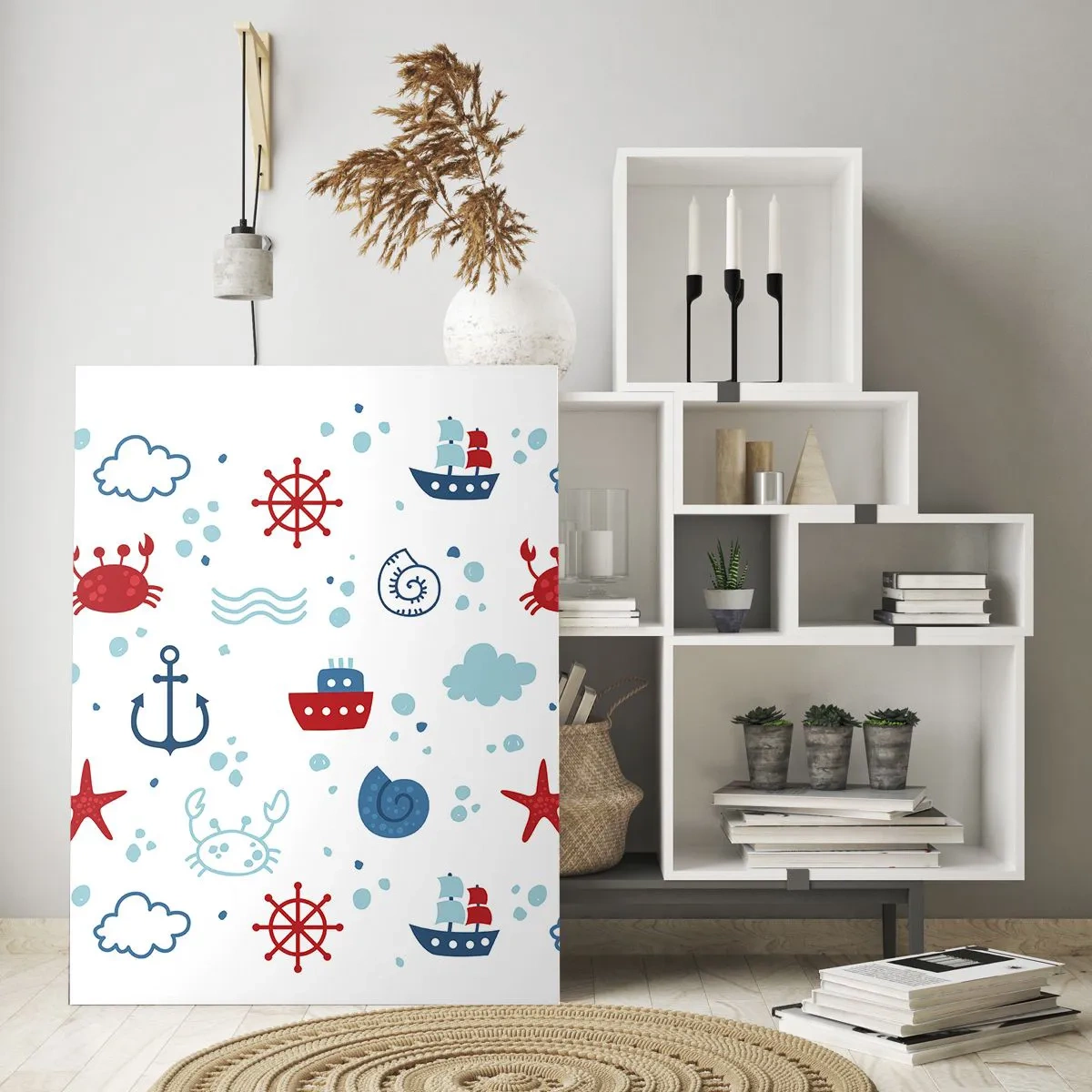 Cuadro sobre vidrio - Impresiones sobre Vidrio - Patrón náutico con anclas, barcos y cangrejos. - 80x120cm - Un cuento de mar - Decoración de pared moderna para salón y dormitorio ARTTOR