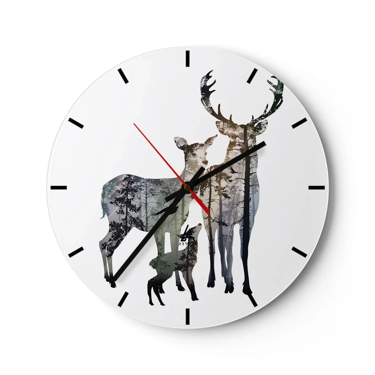 Reloj de pared - Reloj de vidrio - Siluetas de ciervos en el bosque sobre el fondo de un escudo blanco. - 30x30cm - Fotografía familiar - Decoración de pared moderna para salón, cocina y dormitorio ARTTOR