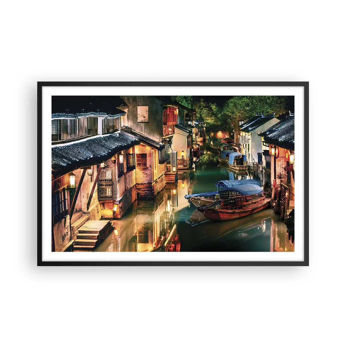 Póster en marco negro - Noche en una calle china - 91x61 cm