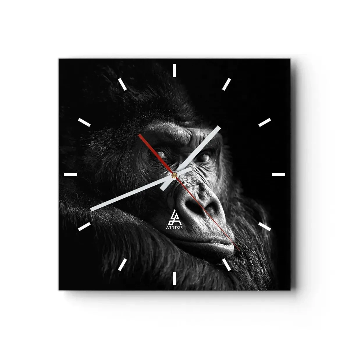 Reloj de pared - Reloj de vidrio - Retrato en blanco y negro de un majestuoso gorila. - 30x30cm - ¿Y qué estás mirando? - Decoración de pared moderna para salón y dormitorio ARTTOR