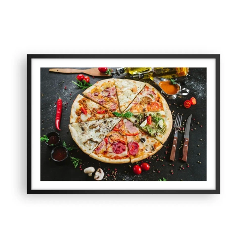 Póster en marco negro - Pizza en varios sabores con fondo de ingredientes. - 70x50cm - Una gama de gustos - Decoración de pared moderna para salón y dormitorio ARTTOR