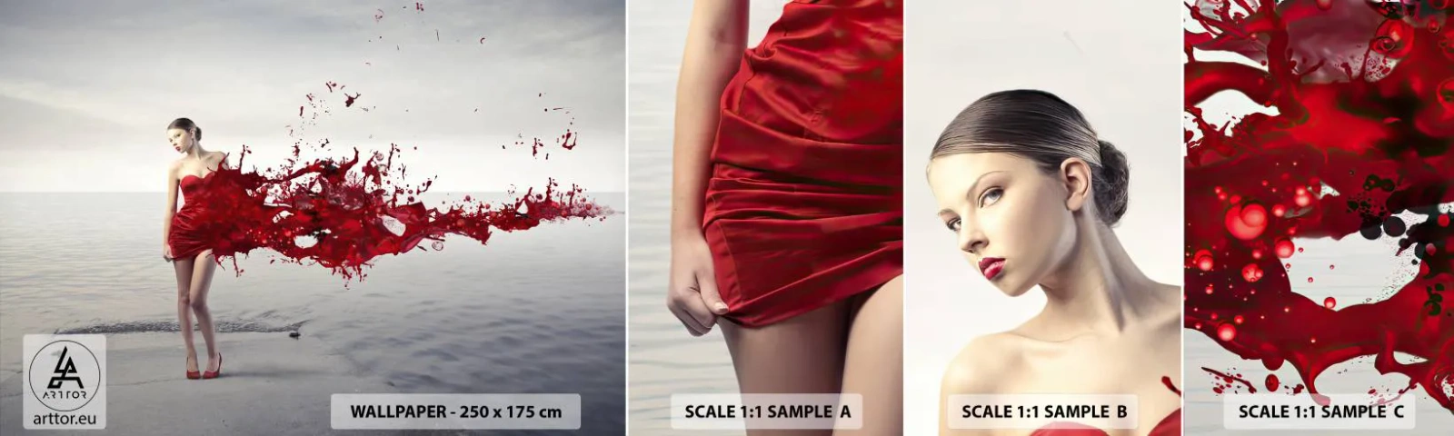 Muestra de fotomural autoadhesivo Deluxe Sticker - Apasionada como la escarlata - Mujer, Modelo, Gráficos - 100x30 cm