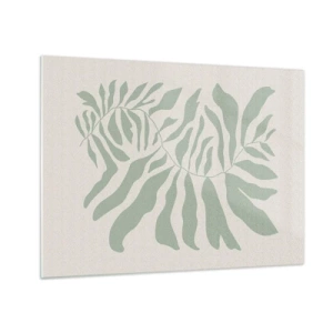 Cuadro sobre vidrio - Impresiones sobre Vidrio - Una rama esmeralda con formas orgánicas sobre un fondo claro. - 70x50cm - Rama esmeralda - Decoración de pared moderna para salón y dormitorio ARTTOR
