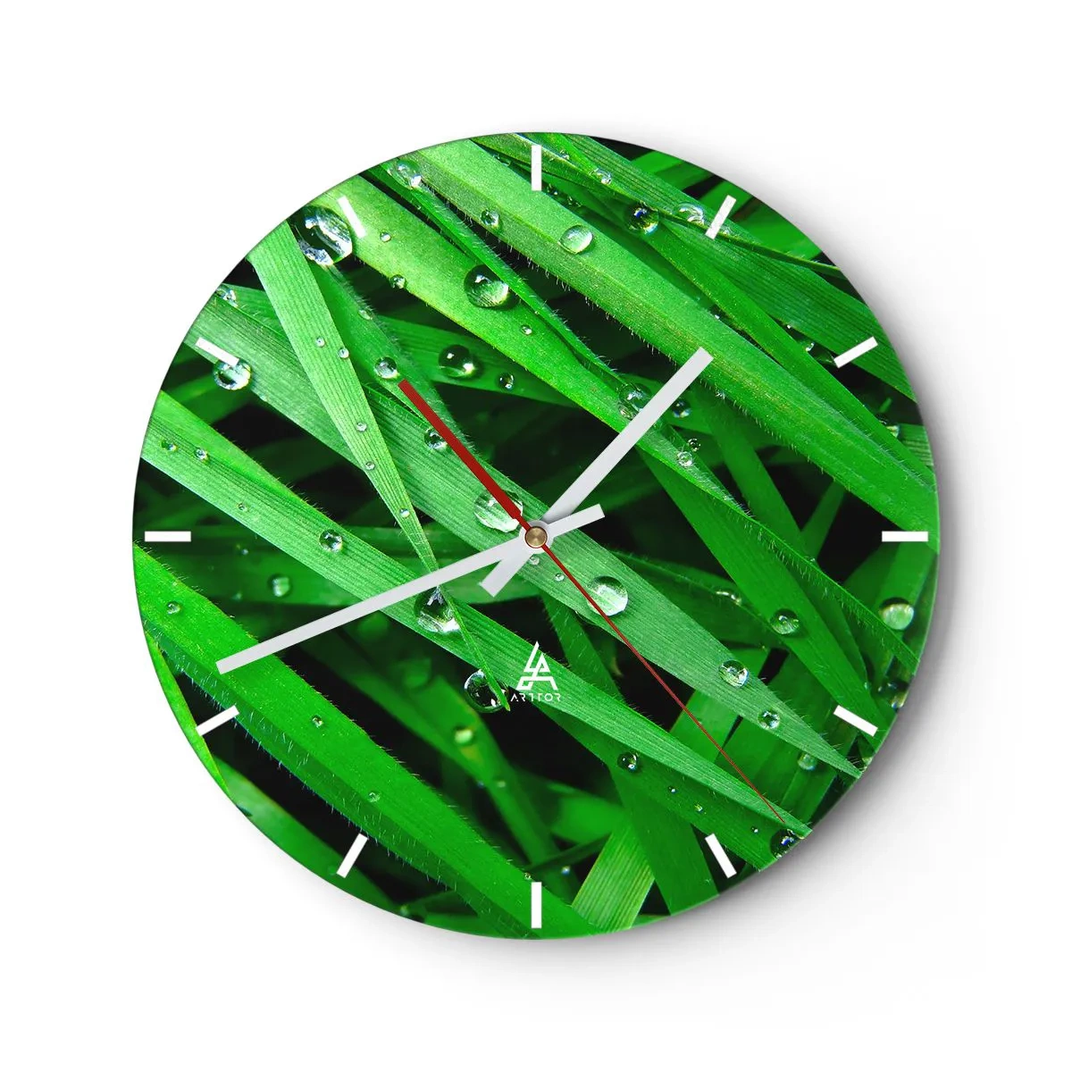Reloj de pared - Reloj de vidrio - Primer plano de hojas verdes cubiertas de gotas de agua. - 30x30cm - Jugar al verde - Decoración de pared moderna para salón, cocina y dormitorio ARTTOR