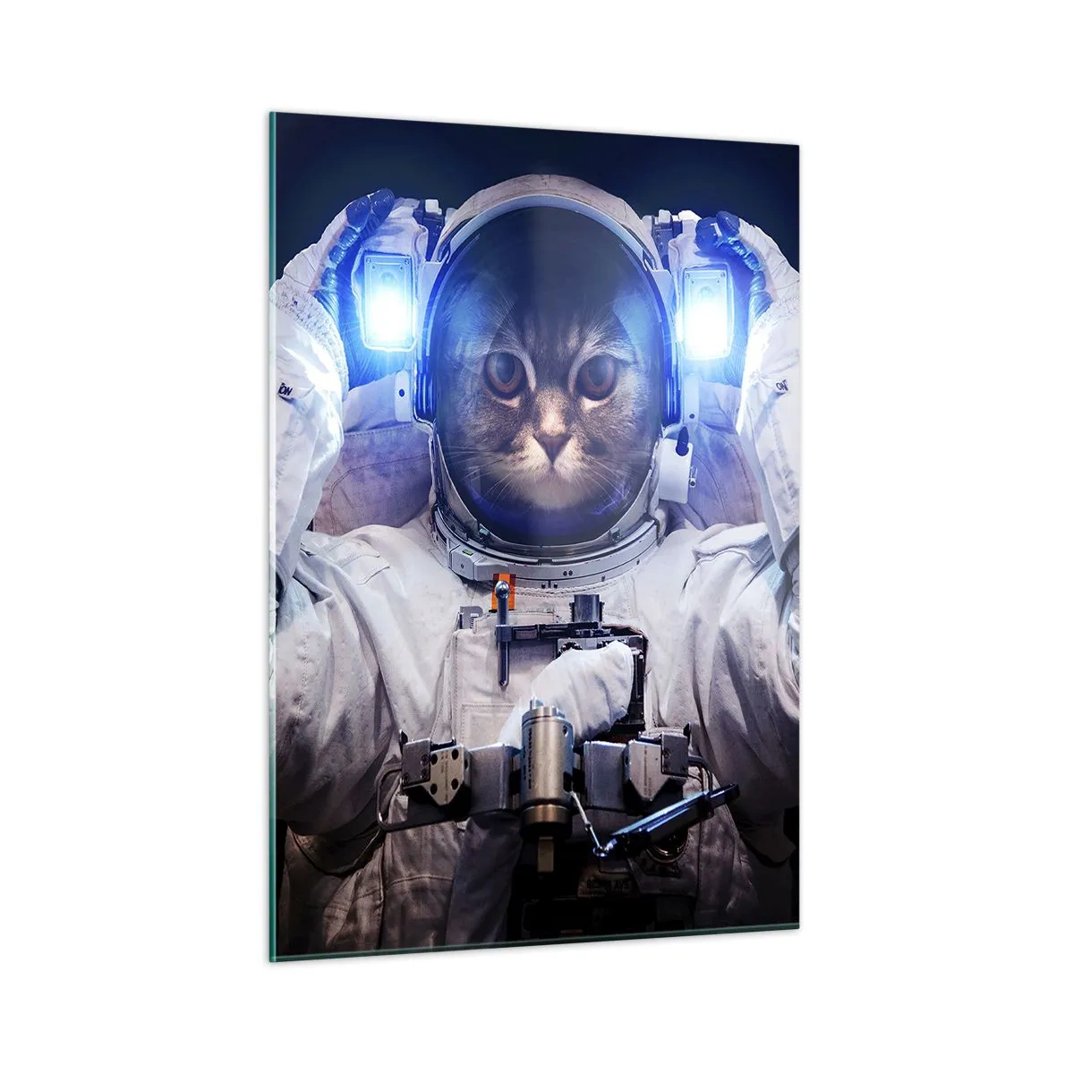Cuadro sobre vidrio - Impresiones sobre Vidrio - Un cosmonauta con cabeza de gato en el espacio - 50x70cm - Houston, tienes un problema. - Decoración de pared moderna para salón y dormitorio ARTTOR