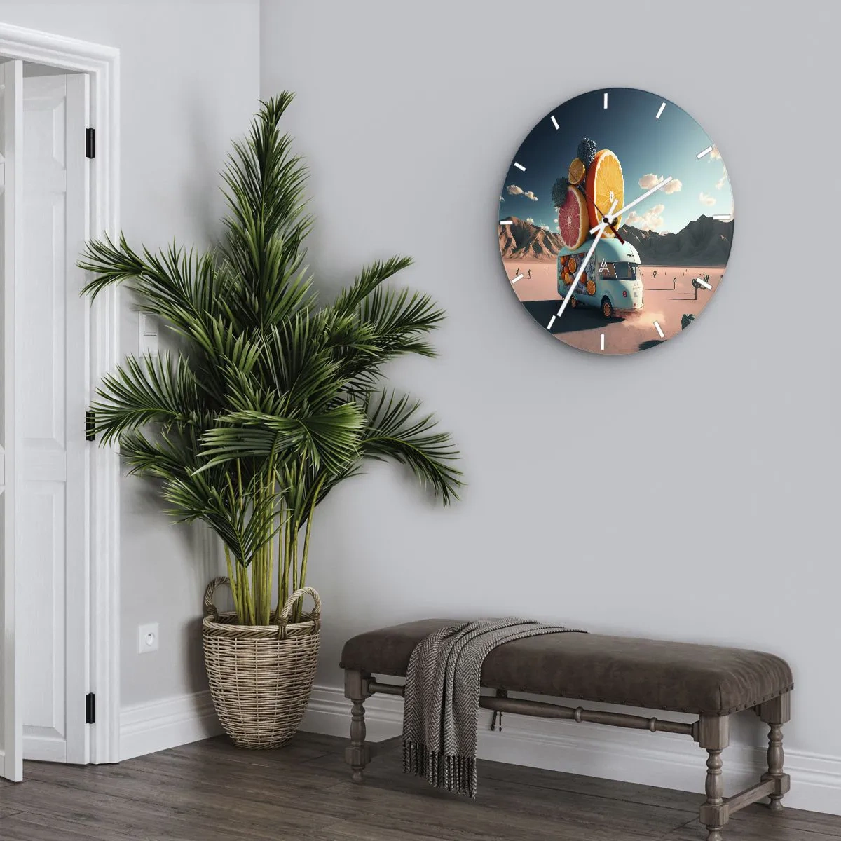 Reloj de pared - Reloj de vidrio - Un camión de comida de frutas turquesas con un fondo desértico. - 30x30cm - Un sabor a vacaciones - Decoración de pared moderna para salón, cocina y dormitorio ARTTOR