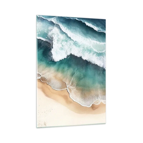 Cuadro sobre vidrio - Impresiones sobre Vidrio - Vista de la playa y las olas del mar en tonos turquesa. - 70x100cm - Un encuentro eterno - Decoración de pared moderna para salón y dormitorio ARTTOR