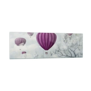 Cuadro sobre vidrio - Impresiones sobre Vidrio - Globos morados flotando sobre los árboles en las nubes. - 160x50cm - Surcando los cielos - Decoración de pared moderna para salón y dormitorio ARTTOR