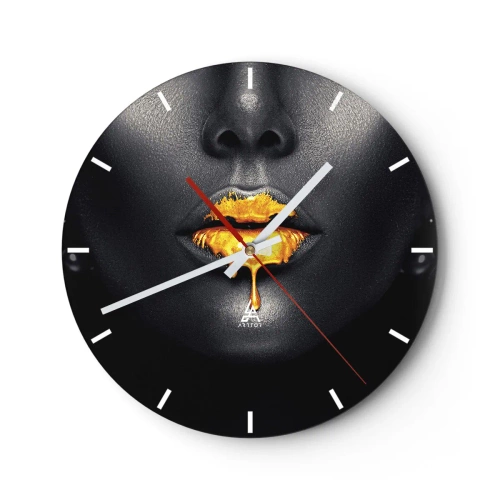 Reloj de pared - Reloj de vidrio - Labios dorados sobre un fondo negro en un estilo artístico. - 30x30cm - Labios de oro - Decoración de pared moderna para salón, cocina y dormitorio ARTTOR