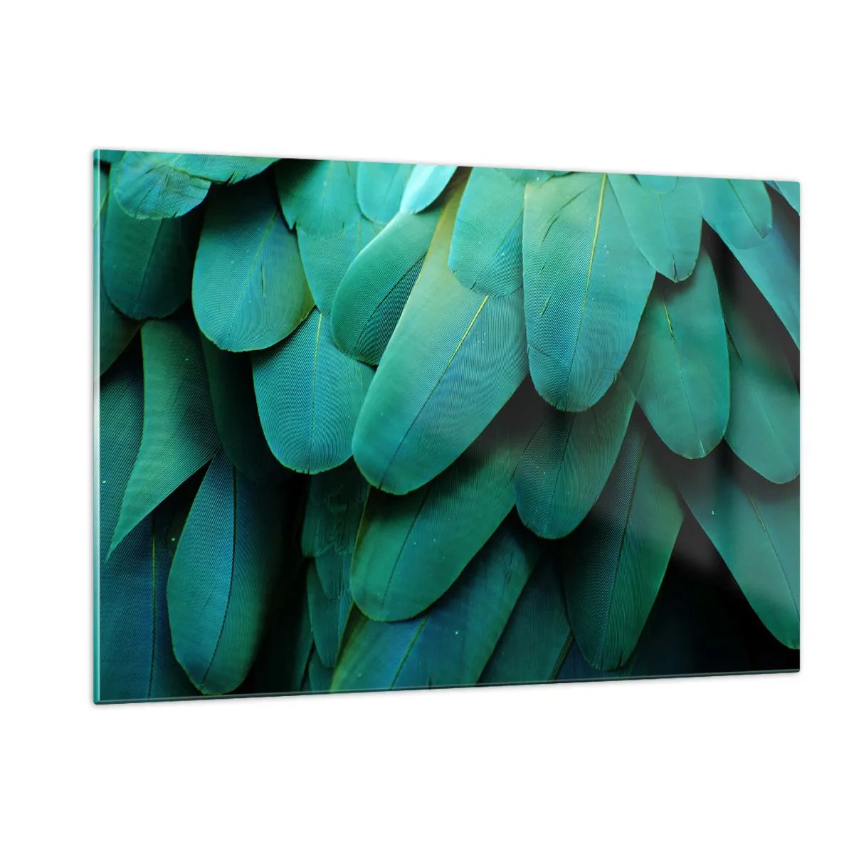 Cuadro sobre vidrio - Impresiones sobre Vidrio - Un primer plano de las plumas intensamente verdes de un loro. - 120x80cm - La precisión de la naturaleza  - Decoración de pared moderna para salón y dormitorio ARTTOR
