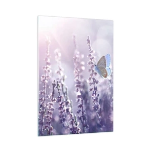 Cuadro sobre vidrio - Impresiones sobre Vidrio - Una mariposa en un campo de lavanda bajo el sol. - 50x70cm - El beso de una mariposa - Decoración de pared moderna para salón y dormitorio ARTTOR