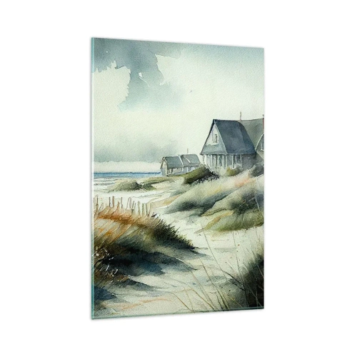 Cuadro sobre vidrio - Impresiones sobre Vidrio - Una casa junto al mar rodeada de césped y con vistas al mar. - 80x120cm - Lejos del bullicio - Decoración de pared moderna para salón y dormitorio ARTTOR