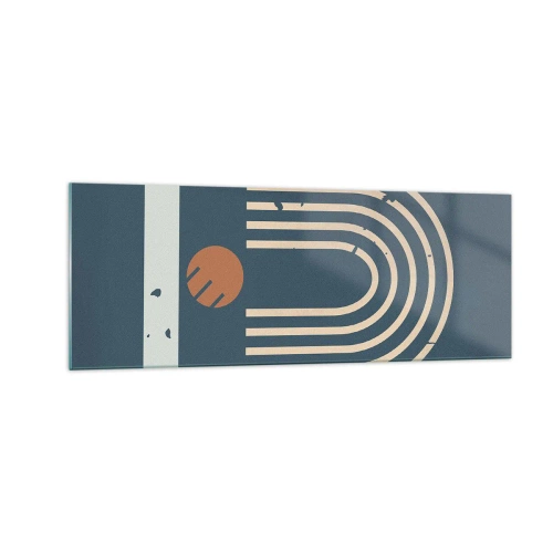 Cuadro sobre vidrio - Impresiones sobre Vidrio - Patrón geométrico en tonos azul marino, beige y naranja sobre un fondo oscuro. - 140x50cm - Geometría sobre azul marino - Decoración de pared moderna para salón y dormitorio ARTTOR