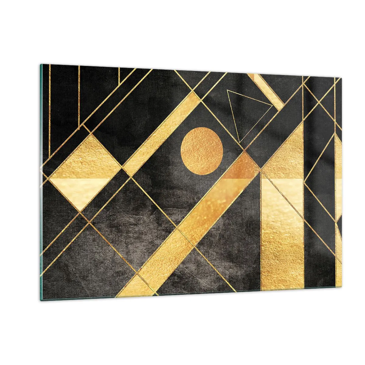 Cuadro sobre vidrio - Impresiones sobre Vidrio - Patrones geométricos dorados sobre un fondo negro - 120x80cm - Sol del desierto - Decoración de pared moderna para salón y dormitorio ARTTOR