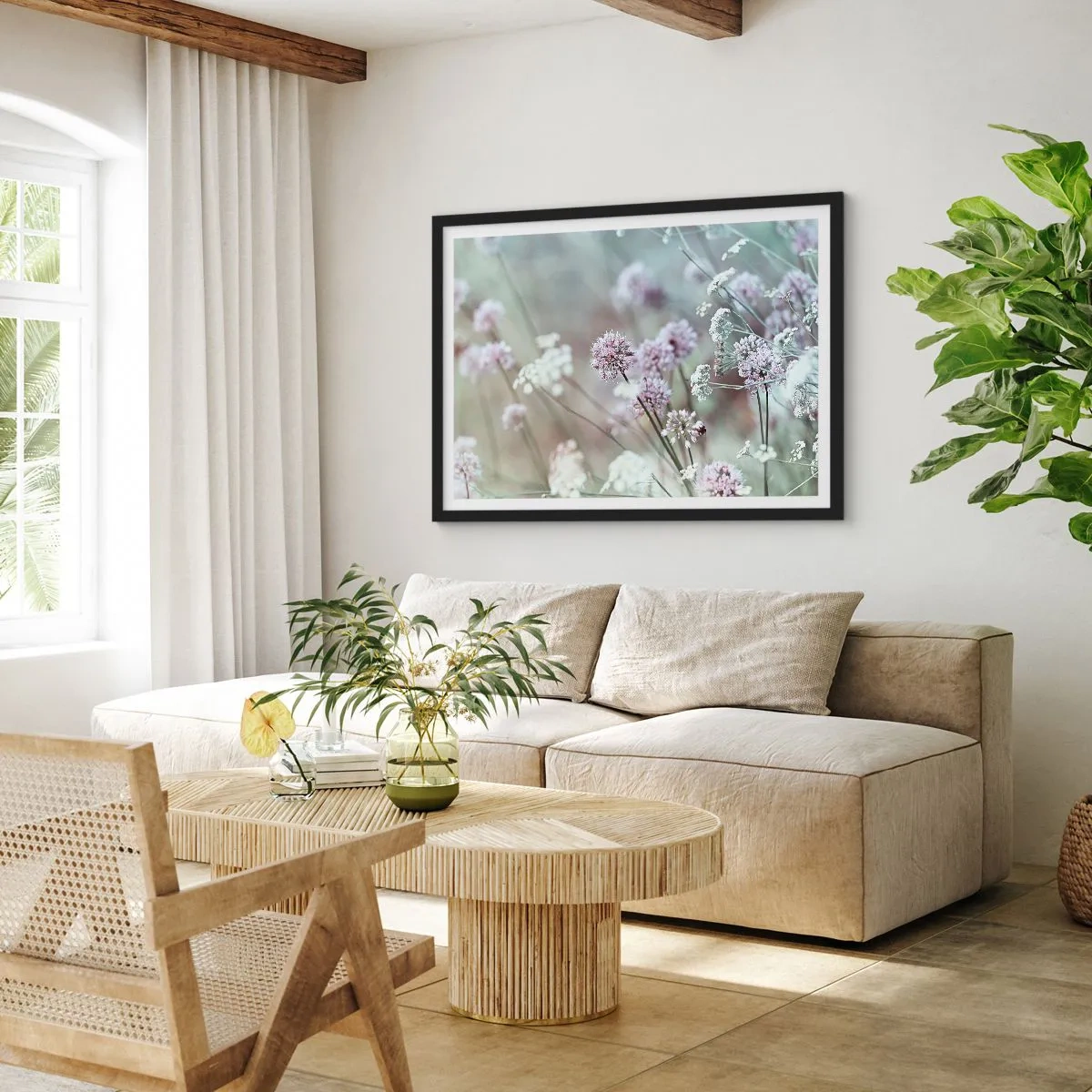 Póster en marco negro - Delicadas flores en tonos pastel. - 70x50cm - Dulces filigranas de hierbas - Decoración de pared moderna para salón y dormitorio ARTTOR