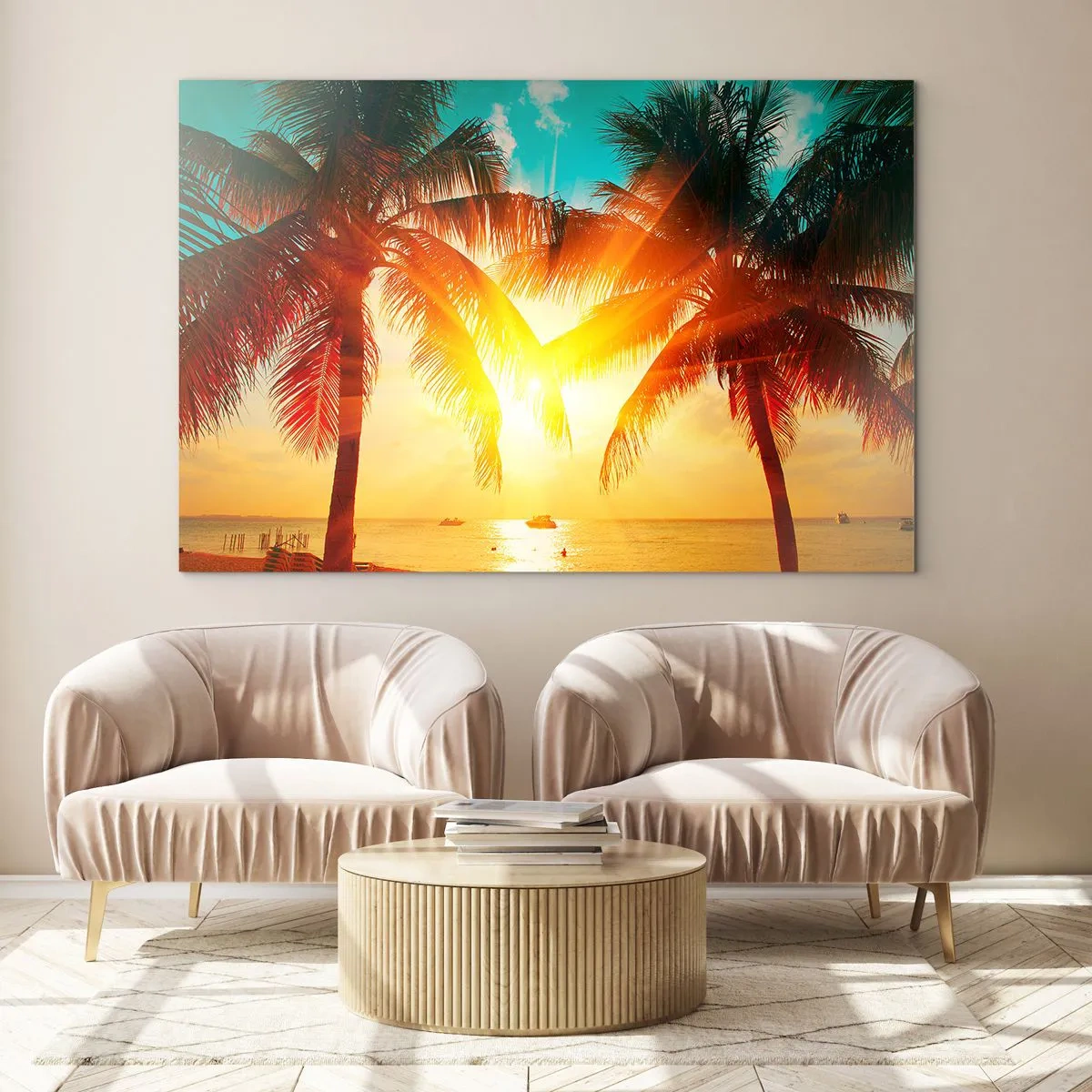 Cuadro sobre vidrio - Impresiones sobre Vidrio - Palmeras iluminadas por el sol sobre una playa tropical - 100x70cm - Pareja exótica - Decoración de pared moderna para salón y dormitorio ARTTOR