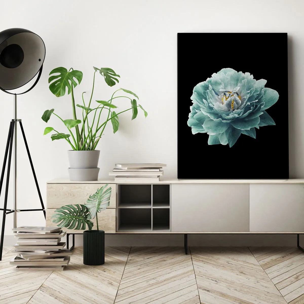 Cuadro sobre lienzo - Impresión de Imagen - Flor de peonía turquesa sobre fondo negro - 50x70cm - Pétalos azules y dorados - Decoración de pared moderna para salón y dormitorio ARTTOR