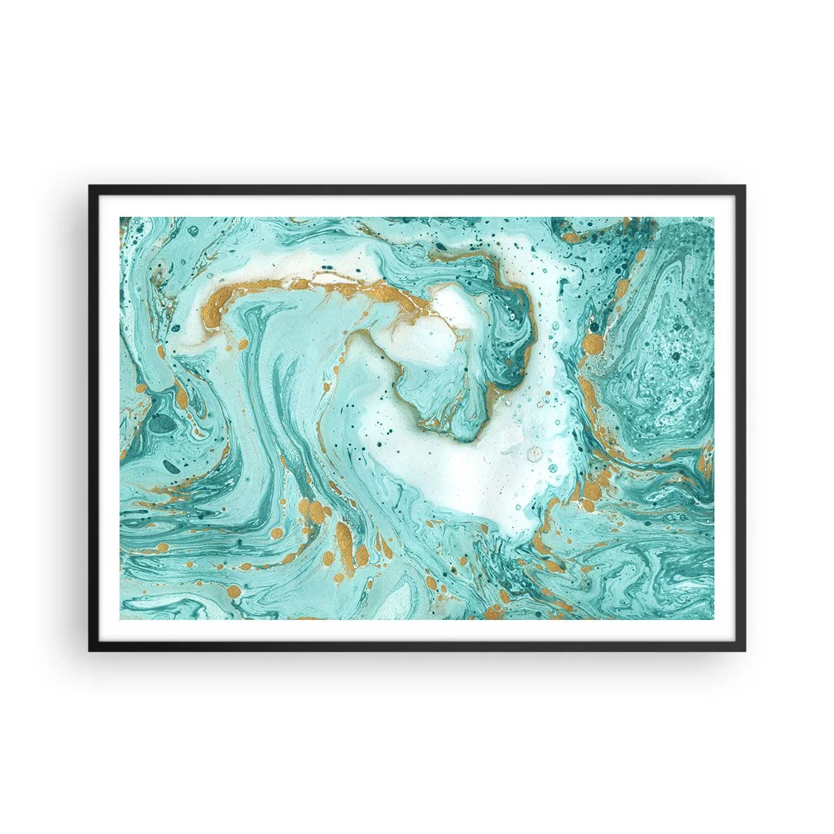 Póster en marco negro - Mármol turquesa con acentos dorados en una composición abstracta. - 100x70cm - Bajo la gran ola del periodo Edo - Decoración de pared moderna para salón y dormitorio ARTTOR