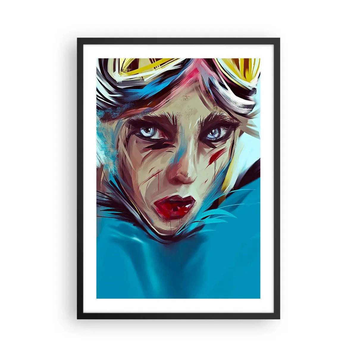 Póster en marco negro - Retrato de una mujer con mirada intensa y fondo azul. - 50x70cm - Guerrera colorida - Decoración de pared moderna para salón y dormitorio ARTTOR