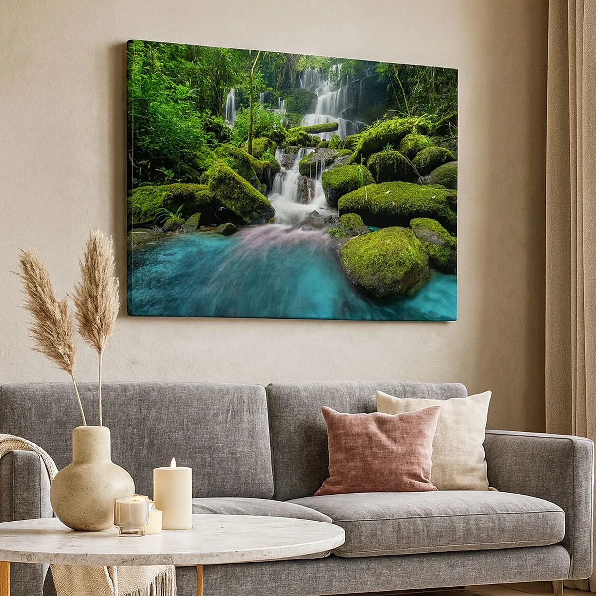Cuadro sobre lienzo - Impresión de Imagen - Una cascada tropical rodeada de vegetación y agua turquesa. - 70x50cm - Turquesa, zafiro y plata líquida - Decoración de pared moderna para salón y dormitorio ARTTOR