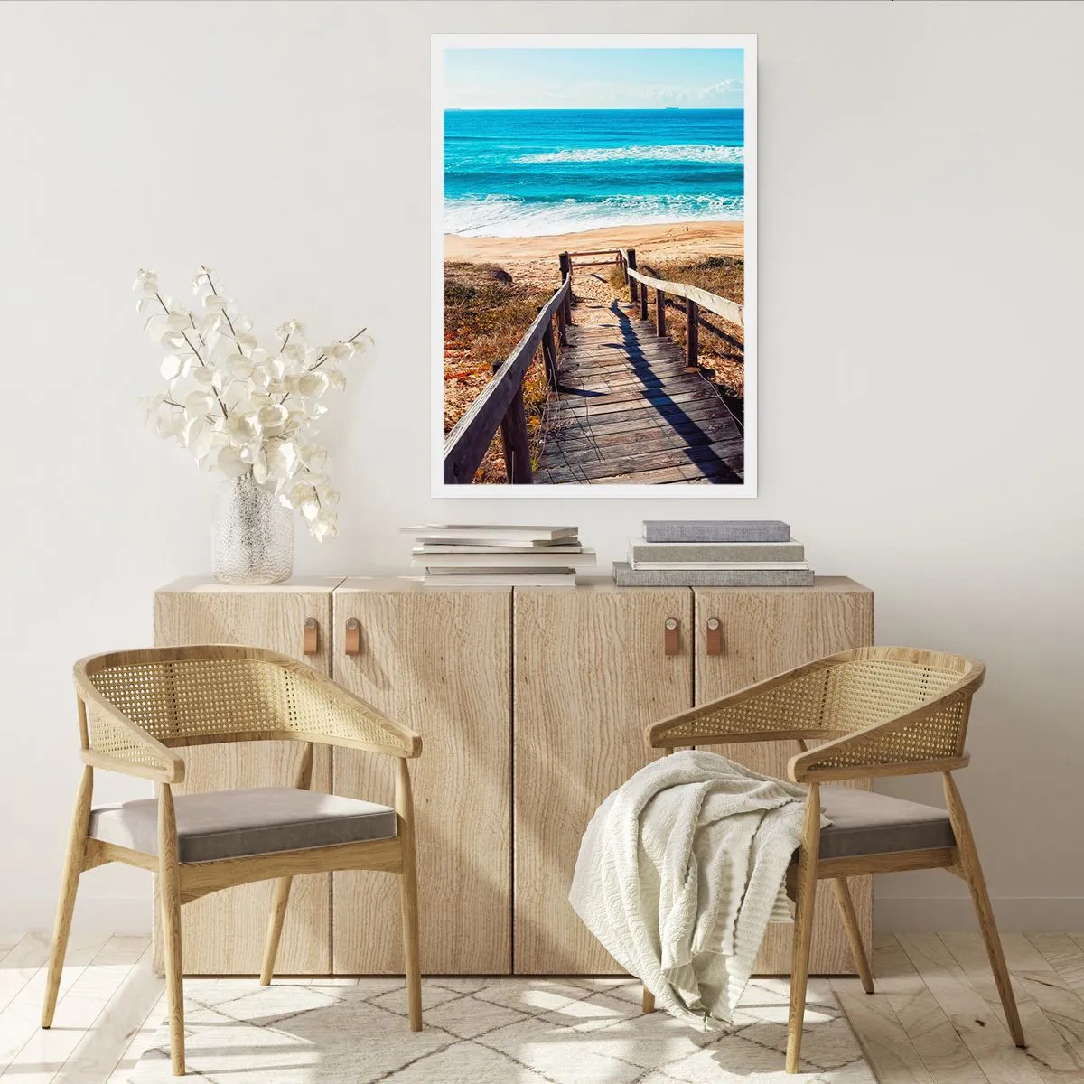 Póster - Camino de madera que conduce a la playa con vistas al mar. - 50x70cm - ¡Corre! - Decoración de pared moderna para salón y dormitorio ARTTOR