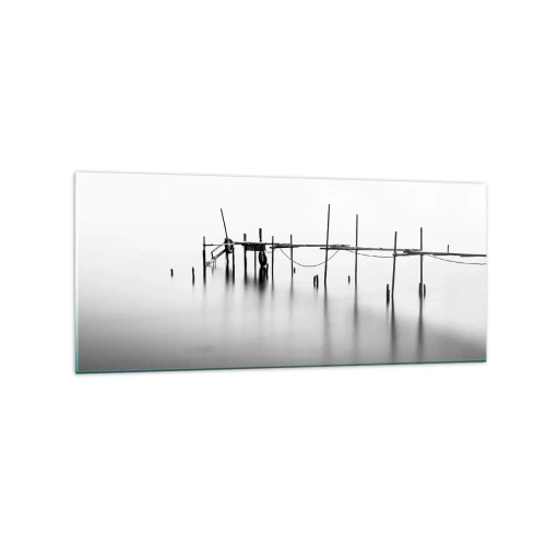 Cuadro sobre vidrio - Impresiones sobre Vidrio - Un embarcadero en blanco y negro inmerso en un paisaje brumoso. - 120x50cm - ¿Y si no hay mundo? - Decoración de pared moderna para salón y dormitorio ARTTOR