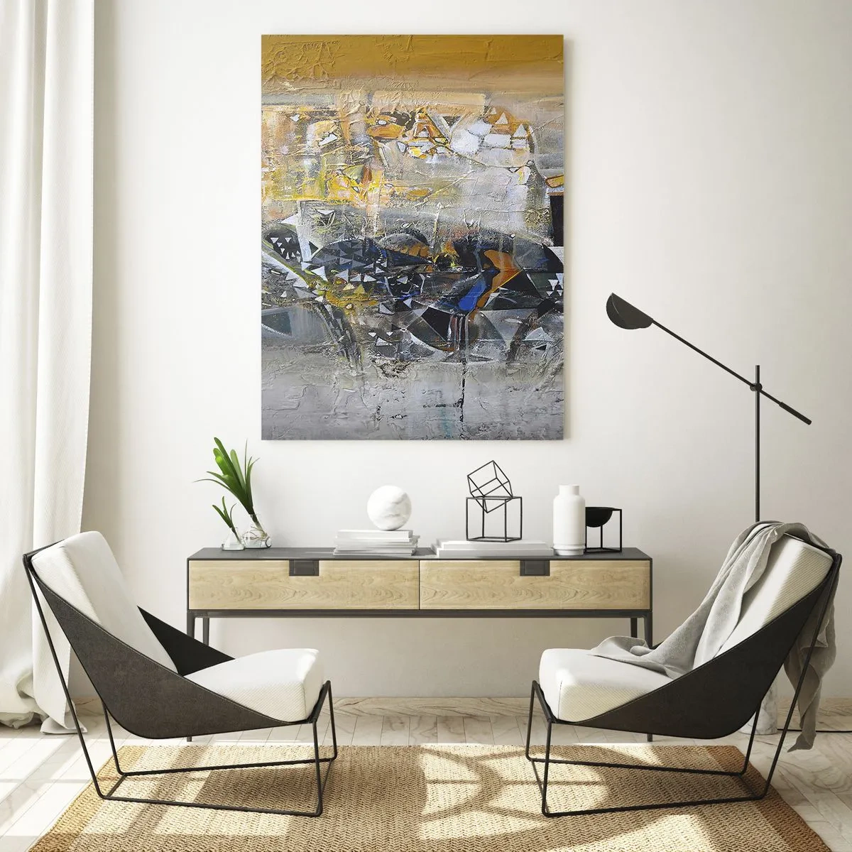 Cuadro sobre vidrio - Impresiones sobre Vidrio - Abstracción con tonos dominantes de amarillo y gris. - 70x100cm - Todo se pondrá en su sitio - Decoración de pared moderna para salón y dormitorio ARTTOR