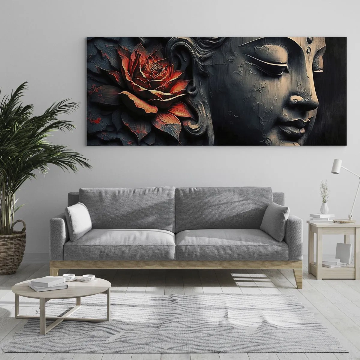 Cuadro sobre vidrio - Impresiones sobre Vidrio - Escultura de Buda con una flor de loto roja. - 160x50cm - En sintonía con el mundo - Decoración de pared moderna para salón y dormitorio ARTTOR