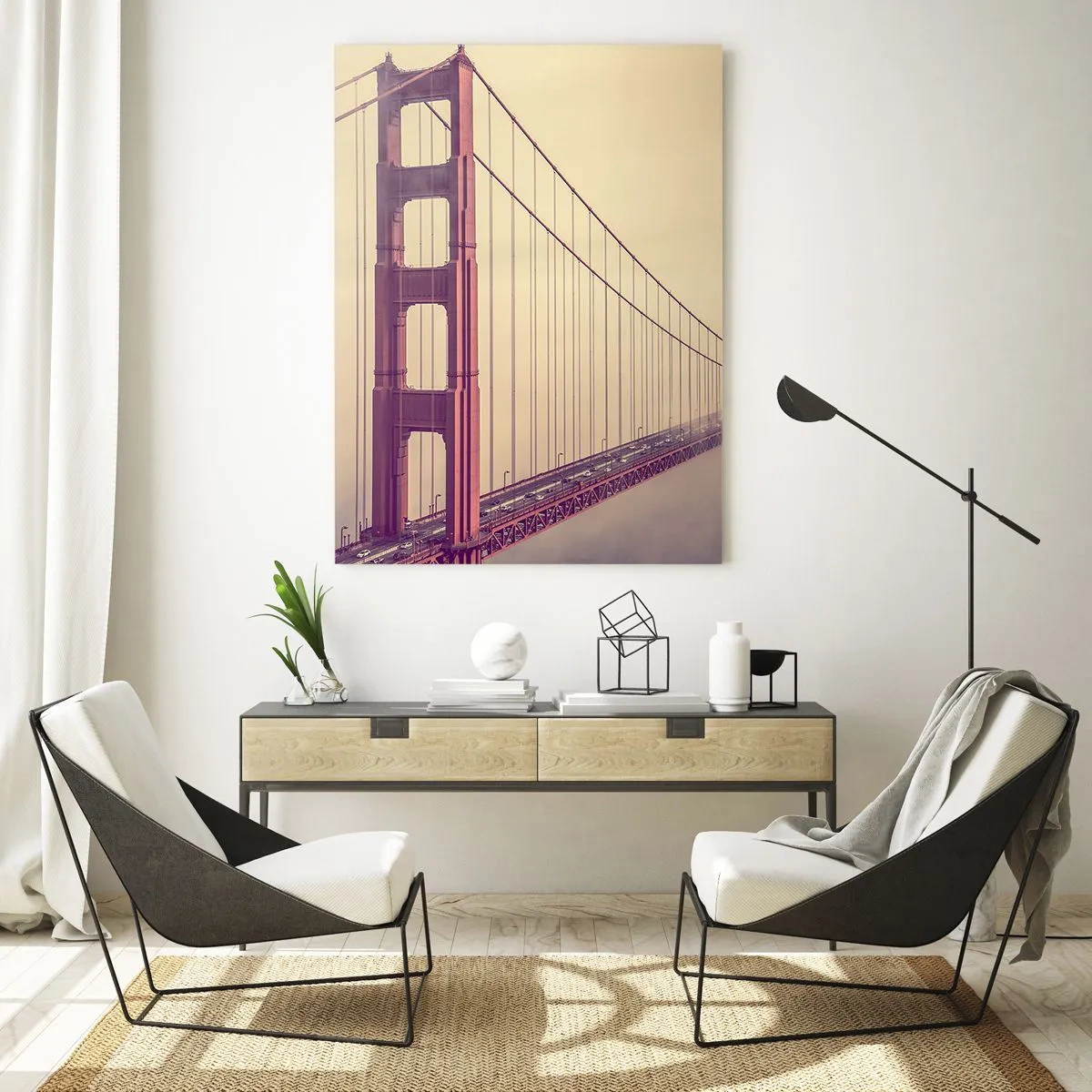 Cuadro sobre vidrio - Impresiones sobre Vidrio - El puente Golden Gate de San Francisco en un paisaje brumoso - 50x70cm - Entre el cielo y la tierra - Decoración de pared moderna para salón y dormitorio ARTTOR