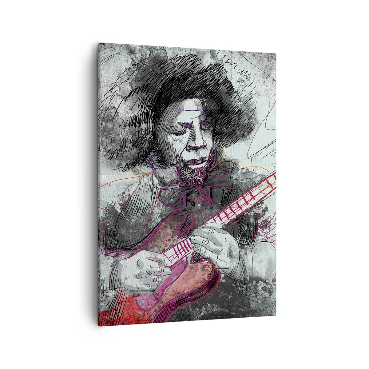 Cuadro sobre lienzo - Impresión de Imagen - Retrato artístico de un guitarrista en la técnica del boceto. - 50x70cm - Volando con la música - Decoración de pared moderna para salón y dormitorio ARTTOR