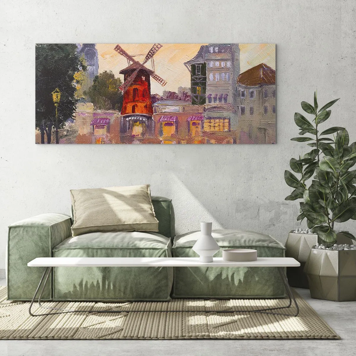 Cuadro sobre vidrio - Impresiones sobre Vidrio - El molino de viento rojo del Moulin Rouge rodeado del paisaje urbano - 120x50cm - Iconos parisinos - Moulin Rouge - Decoración de pared moderna para salón y dormitorio ARTTOR