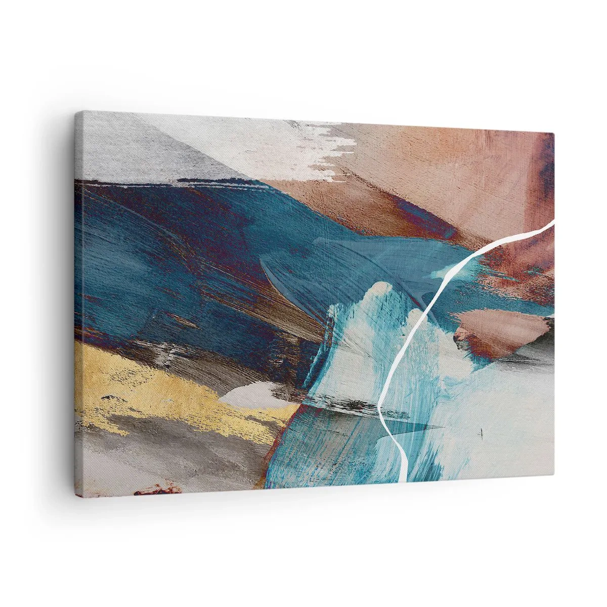 Cuadro sobre lienzo - Impresión de Imagen - Pinceladas abstractas en tonos azules y dorados. - 70x50cm - Con estilo y energía - Decoración de pared moderna para salón y dormitorio ARTTOR