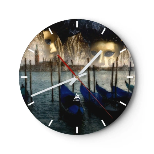 Reloj de pared - Reloj de vidrio - Máscaras venecianas con el telón de fondo de una góndola y un canal. - 30x30cm - El tiempo de carnaval ha comenzado - Decoración de pared moderna para salón, cocina y dormitorio ARTTOR