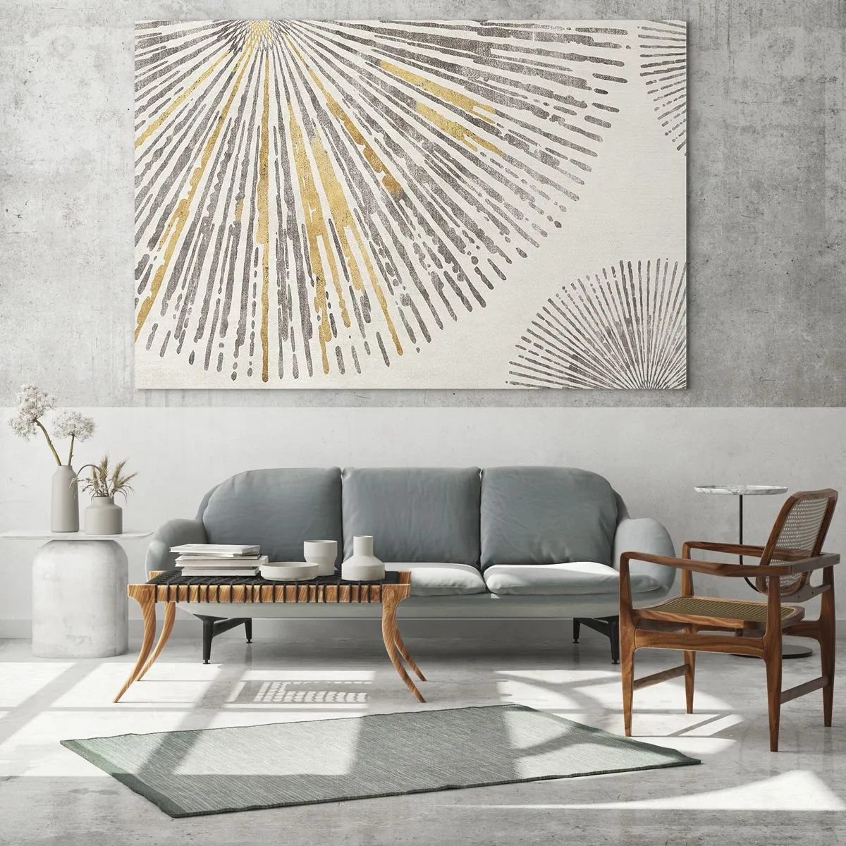Cuadro sobre vidrio - Impresiones sobre Vidrio - Líneas radiales en tonos dorados y grises sobre un fondo claro. - 70x50cm - Belleza lineal - Decoración de pared moderna para salón y dormitorio ARTTOR