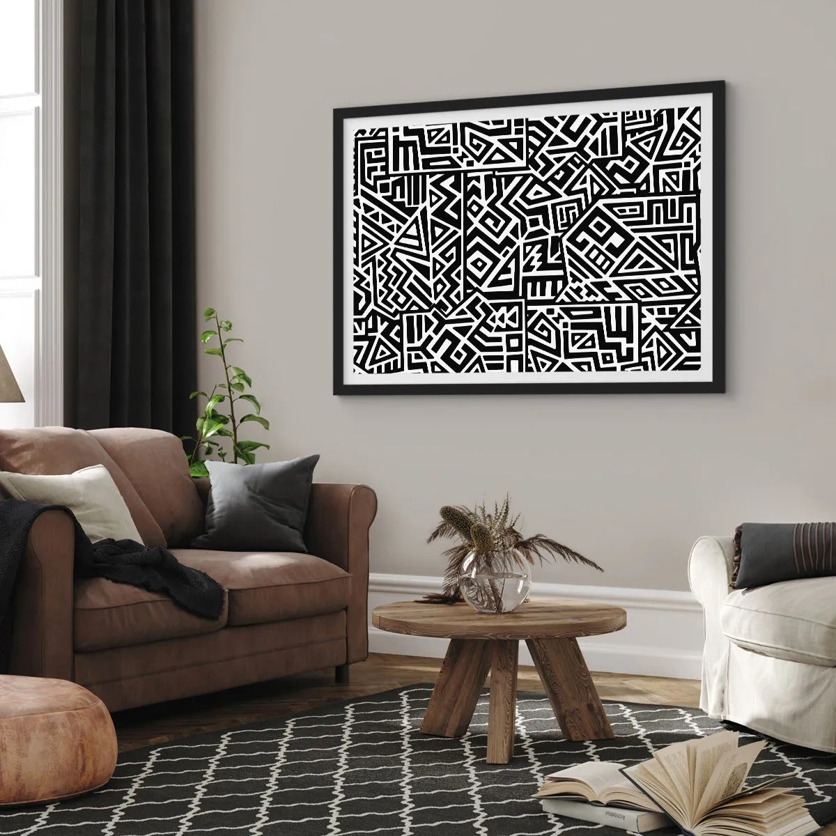 Póster en marco negro - Patrones geométricos en blanco y negro inspirados en la cultura precolombina. - 70x50cm - Composición precolombina - Decoración de pared moderna para salón y dormitorio ARTTOR