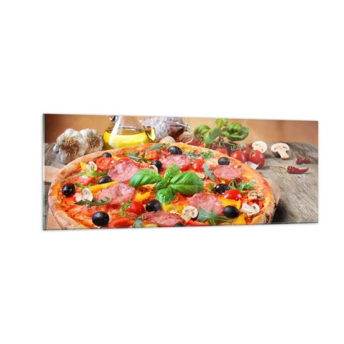 Cuadro sobre vidrio - Impresiones sobre Vidrio - Deliciosa pizza en una mesa de madera con ingredientes. - 140x50cm - Con un verdadero sabor italiano - Decoración de pared moderna para salón y dormitorio ARTTOR
