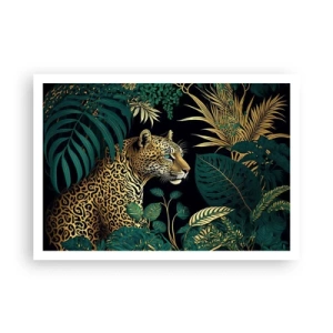 Póster - Leopardo en hojas tropicales sobre un fondo negro - 100x70cm - El anfitrión en la jungla - Decoración de pared moderna para salón y dormitorio ARTTOR