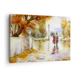 Cuadro sobre lienzo - Impresión de Imagen - Un paseo por el parque de otoño con un paraguas. - 70x50cm - Un otoño romántico en el parque - Decoración de pared moderna para salón y dormitorio ARTTOR