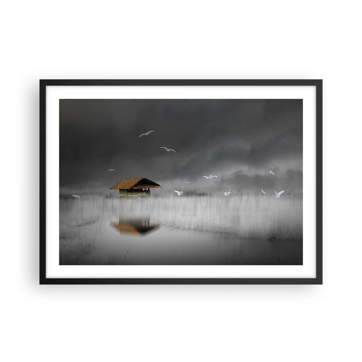 Póster en marco negro - Una cabaña solitaria sobre el agua rodeada de niebla y pájaros. - 70x50cm - Resguardo de la lluvia - Decoración de pared moderna para salón y dormitorio ARTTOR
