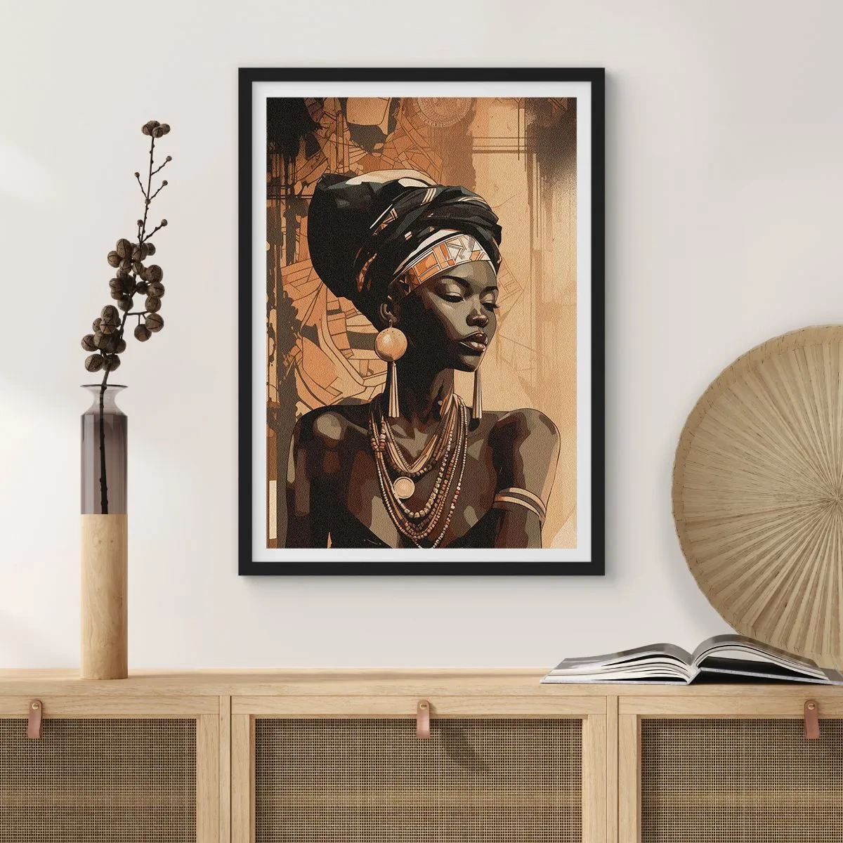 Póster en marco negro - Retrato de una mujer africana con adornos tradicionales. - 50x70cm - Majestuosidad africana - Decoración de pared moderna para salón y dormitorio ARTTOR