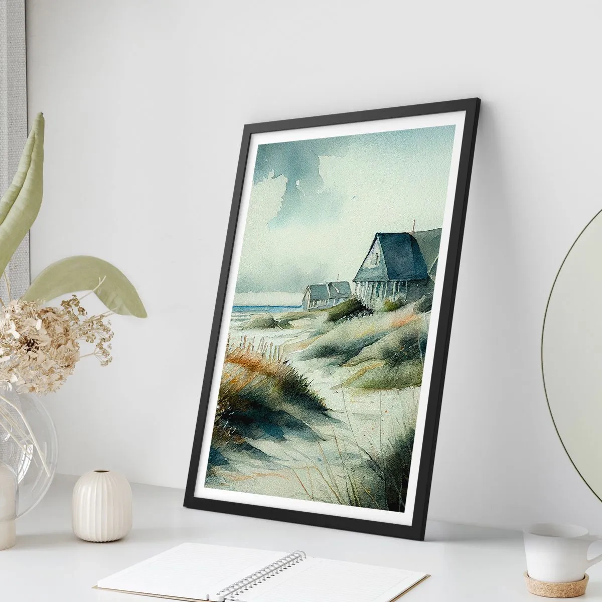 Póster en marco negro - Casa de playa de acuarela con vista al mar - 50x70cm - Lejos del bullicio - Decoración de pared moderna para salón y dormitorio ARTTOR