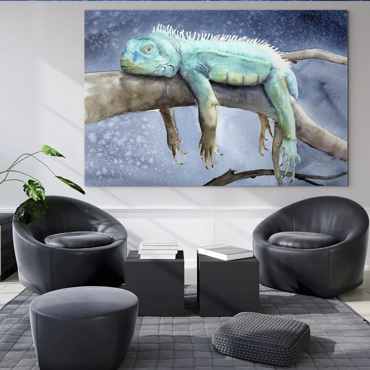 Cuadro sobre vidrio - Impresiones sobre Vidrio - Iguana azul recostada sobre una rama en estilo acuarela - 70x50cm - Me siento bien, ¿y tú? - Decoración de pared moderna para salón y dormitorio ARTTOR