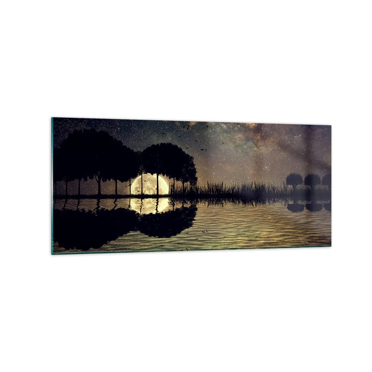 Cuadro sobre vidrio - Impresiones sobre Vidrio - Una noche mágica con árboles y la luna reflejada en el agua. - 120x50cm - Noche en el fin del mundo - Decoración de pared moderna para salón y dormitorio ARTTOR
