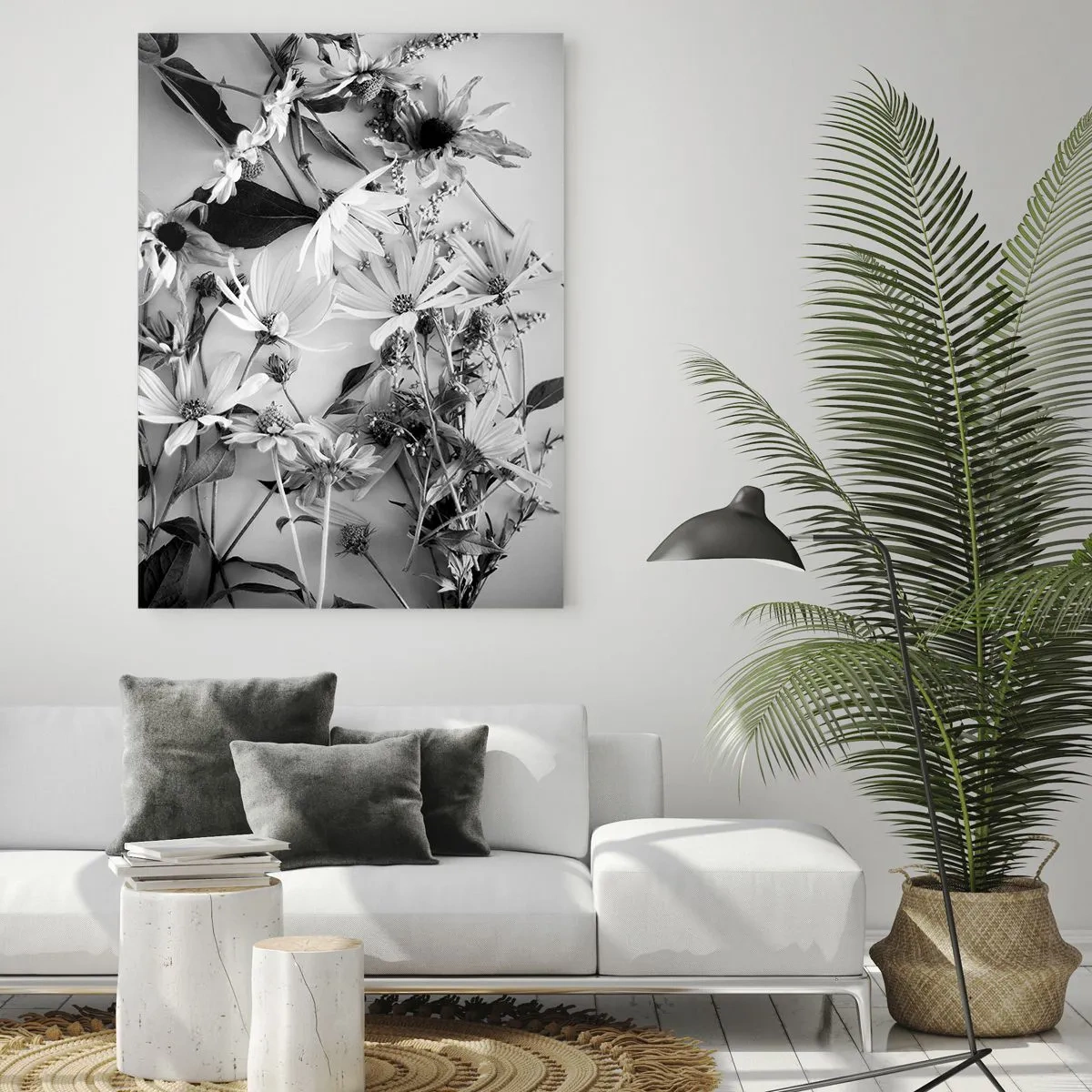 Cuadro sobre vidrio - Impresiones sobre Vidrio - Flores blancas y negras dispersas en un arreglo artístico. - 50x70cm - Un no ramo de flores - Decoración de pared moderna para salón y dormitorio ARTTOR