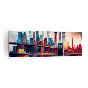 Cuadro sobre lienzo - Impresión de Imagen - Panorama de la ciudad de Nueva York con puente y reflejo en el agua - 160x50cm - Nueva York siempre luce - Decoración de pared moderna para salón y dormitorio ARTTOR